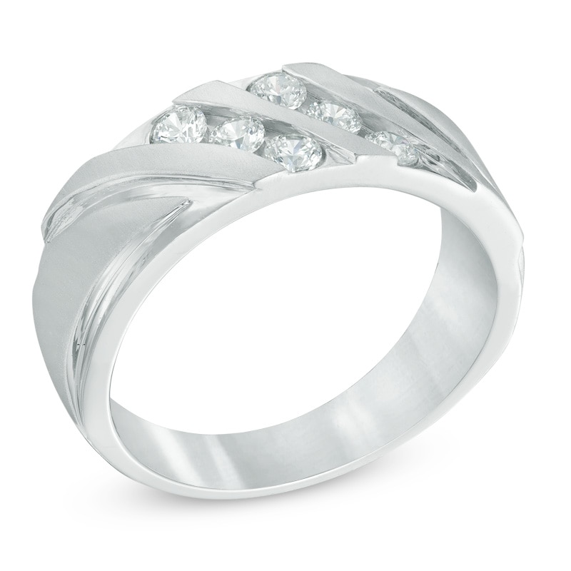 Main Image 2 of Previously Owned - 1/2 CT. T.W. Diamond Double Row Slant Anniversary Band in 10K White Gold