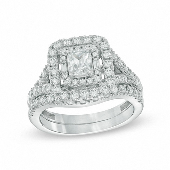 Previously Owned - 1-3/4 CT. T.w. Radiant-Cut Diamond Frame Bridal Set in 14K White Gold