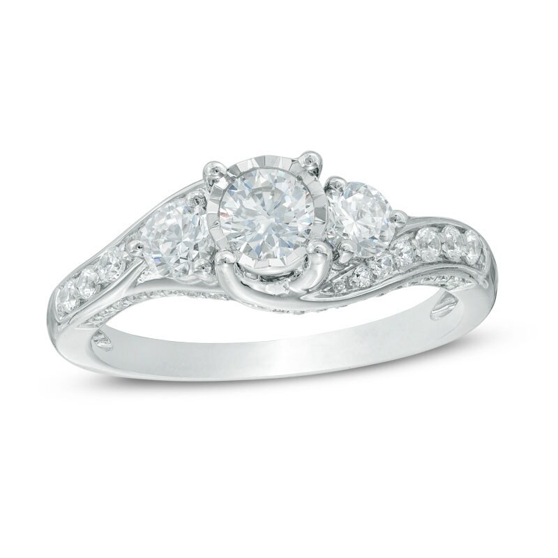 Main Image 1 of Previously Owned - 1 CT. T.W. Diamond Past Present Future® Bypass Engagement Ring in 14K White Gold