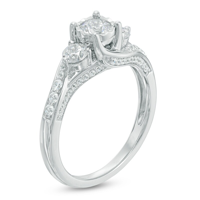 Main Image 2 of Previously Owned - 1 CT. T.W. Diamond Past Present Future® Bypass Engagement Ring in 14K White Gold