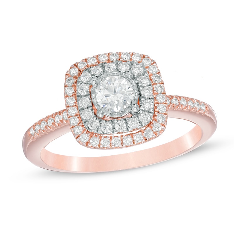 Main Image 1 of Previously Owned - 1/2 CT. T.W. Diamond Double Cushion Frame Engagement Ring in 10K Two-Tone Gold