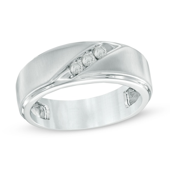 Previously Owned - 1/3 CT. T.w. Diamond Three Stone Slant Wedding Band in 10K White Gold