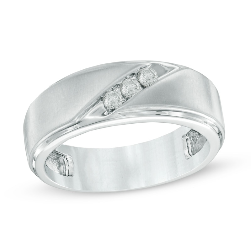 Main Image 1 of Previously Owned - 1/3 CT. T.W. Diamond Three Stone Slant Wedding Band in 10K White Gold