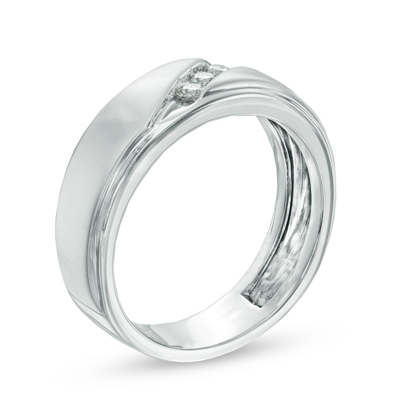 Main Image 2 of Previously Owned - 1/3 CT. T.W. Diamond Three Stone Slant Wedding Band in 10K White Gold