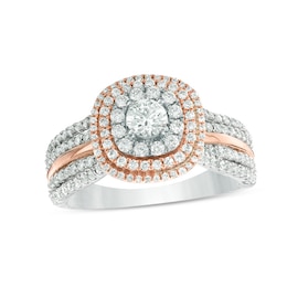 Previously Owned - 1 CT. T.W. Diamond Triple Cushion Frame Multi-Row Engagement Ring in 14K Two-Tone Gold