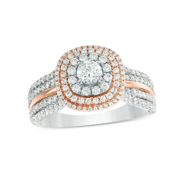 Previously Owned - 1 CT. T.w. Diamond Triple Cushion Frame Multi-Row Engagement Ring in 14K Two-Tone Gold