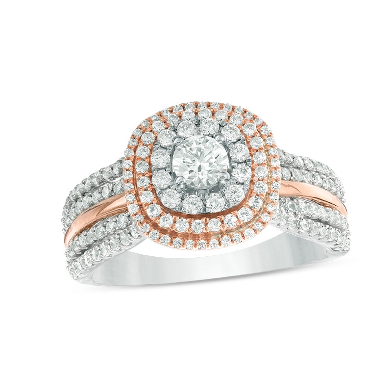 Main Image 1 of Previously Owned - 1 CT. T.W. Diamond Triple Cushion Frame Multi-Row Engagement Ring in 14K Two-Tone Gold