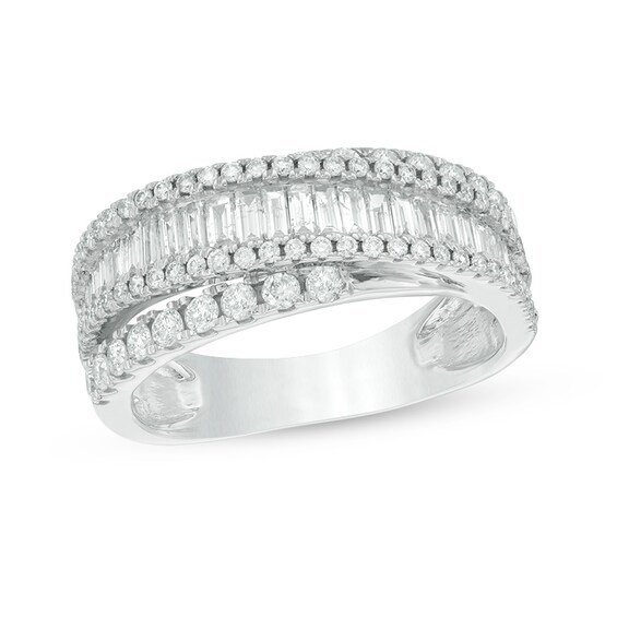 Previously Owned - 1-1/5 CT. T.w. Baguette and Round Diamond Layered Crossover Band in 14K White Gold