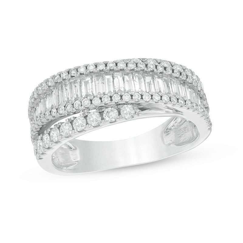 Main Image 1 of Previously Owned - 1-1/5 CT. T.W. Baguette and Round Diamond Layered Crossover Band in 14K White Gold