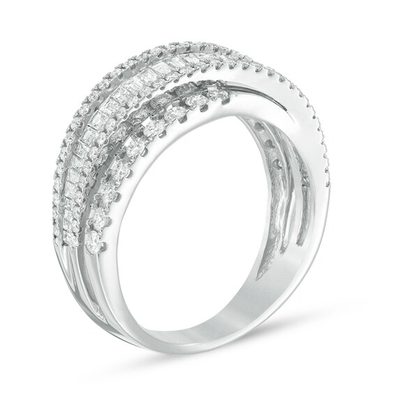 Previously Owned - 1-1/5 CT. T.w. Baguette and Round Diamond Layered Crossover Band in 14K White Gold