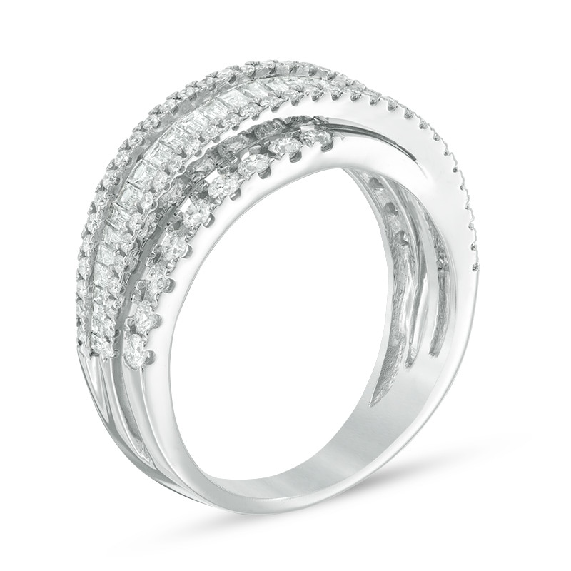 Main Image 2 of Previously Owned - 1-1/5 CT. T.W. Baguette and Round Diamond Layered Crossover Band in 14K White Gold