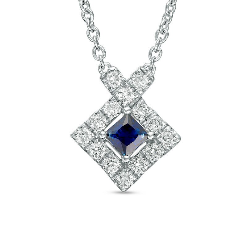 Main Image 1 of Previously Owned - Vera Wang Love Collection Blue Sapphire and 1/4 CT. T.W. Diamond Necklace in Sterling Silver - 19"