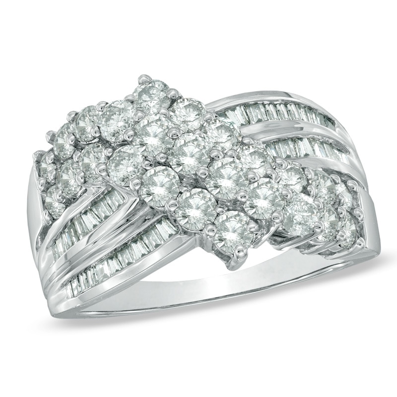 Main Image 1 of Previously Owned - 2 CT. T.W. Diamond Cluster Crossover Ring in 10K White Gold