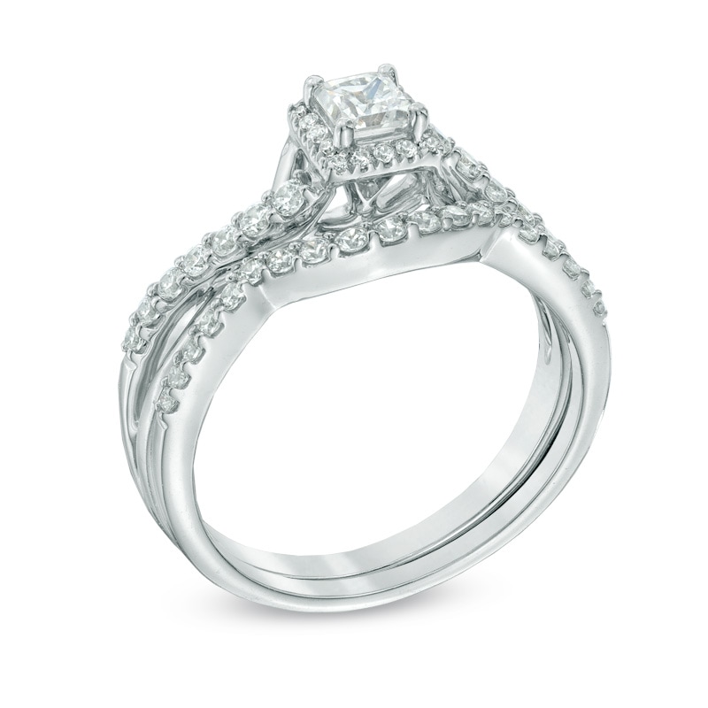 Main Image 2 of Previously Owned - 3/4 CT. T.W. Princess-Cut Diamond Frame Twist Shank Bridal Set in 10K White Gold