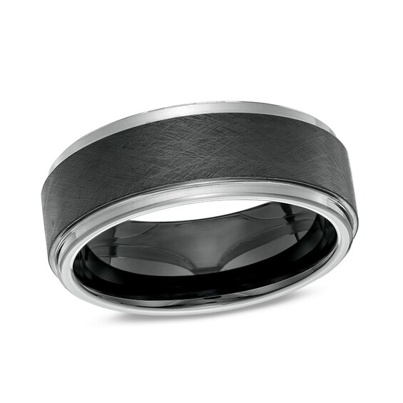 Previously Owned - 8.0mm Satin Stepped Edge Wedding Band in Two-Tone IP Tantalum