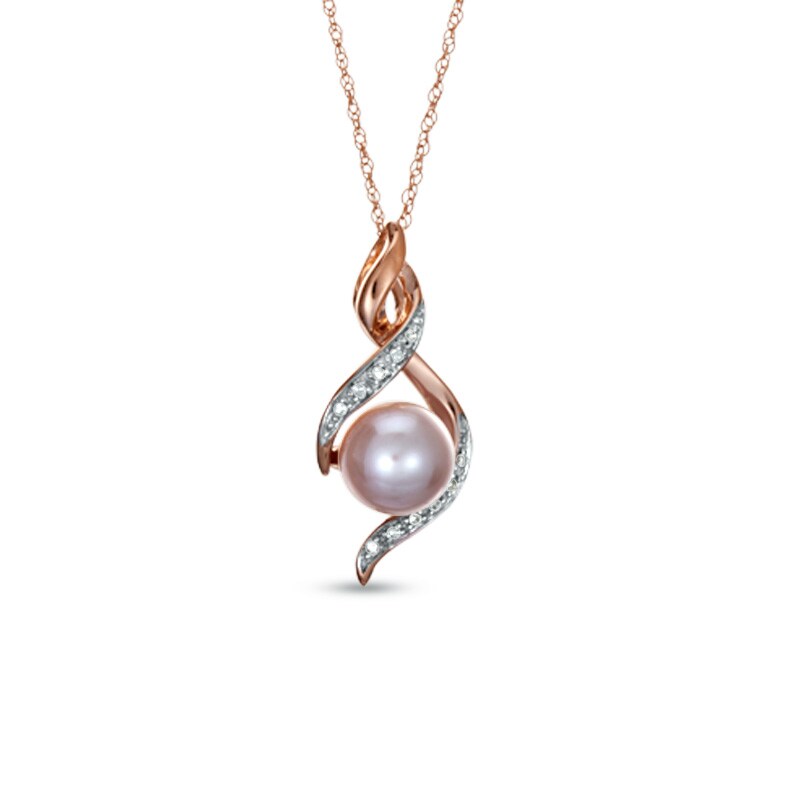 Main Image 1 of Previously Owned-7.5-8.0mm Pink Freshwater Cultured Pearl and Diamond Accent Pendant in 10K Rose Gold