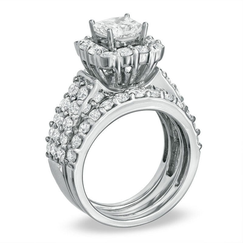 Main Image 2 of Previously Owned - 3 CT. T.W. Diamond Semi-Mount Three-Piece Bridal Set in 14K White Gold