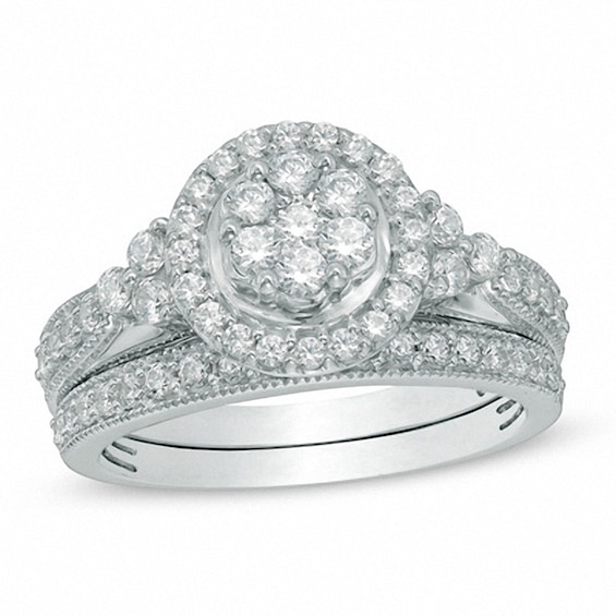 Previously Owned 1 CT. T.w. Composite Diamond Frame Tri-Sides Soldered Bridal Set in 10K White Gold