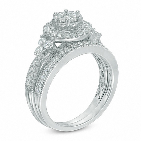 Previously Owned 1 CT. T.w. Composite Diamond Frame Tri-Sides Soldered Bridal Set in 10K White Gold