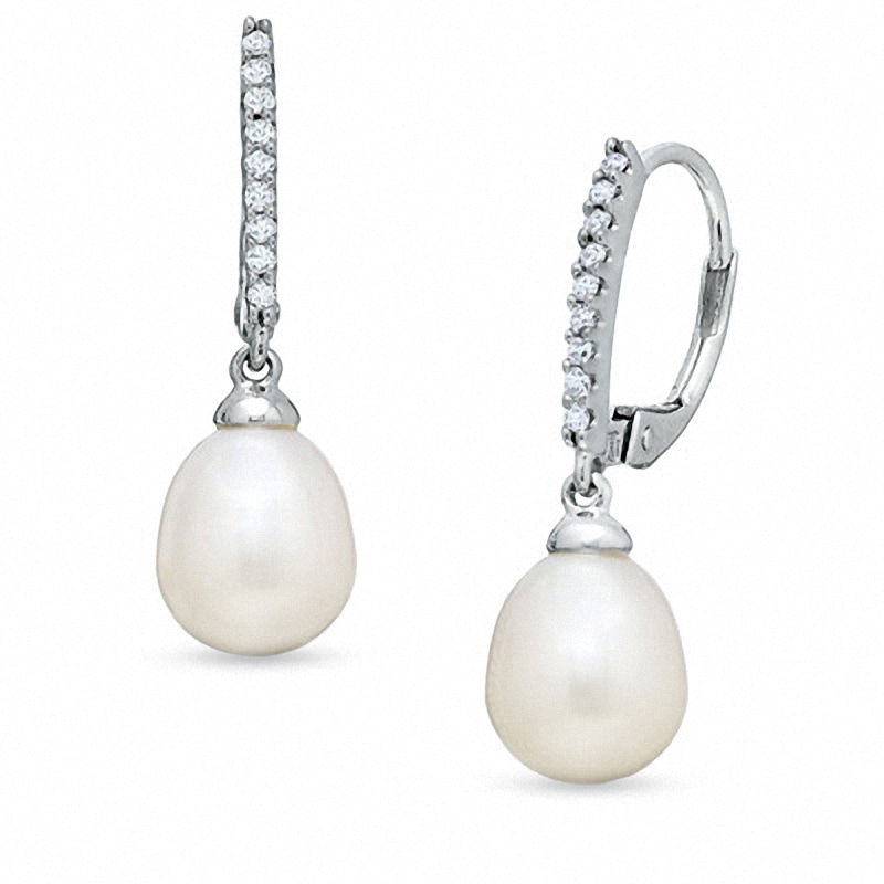 Main Image 1 of Previously Owned-7.0-7.5mm Pear-Shaped Freshwater Cultured Pearl and 1/10 CT. T.W. Diamond Drop Earrings in 10K White Gold