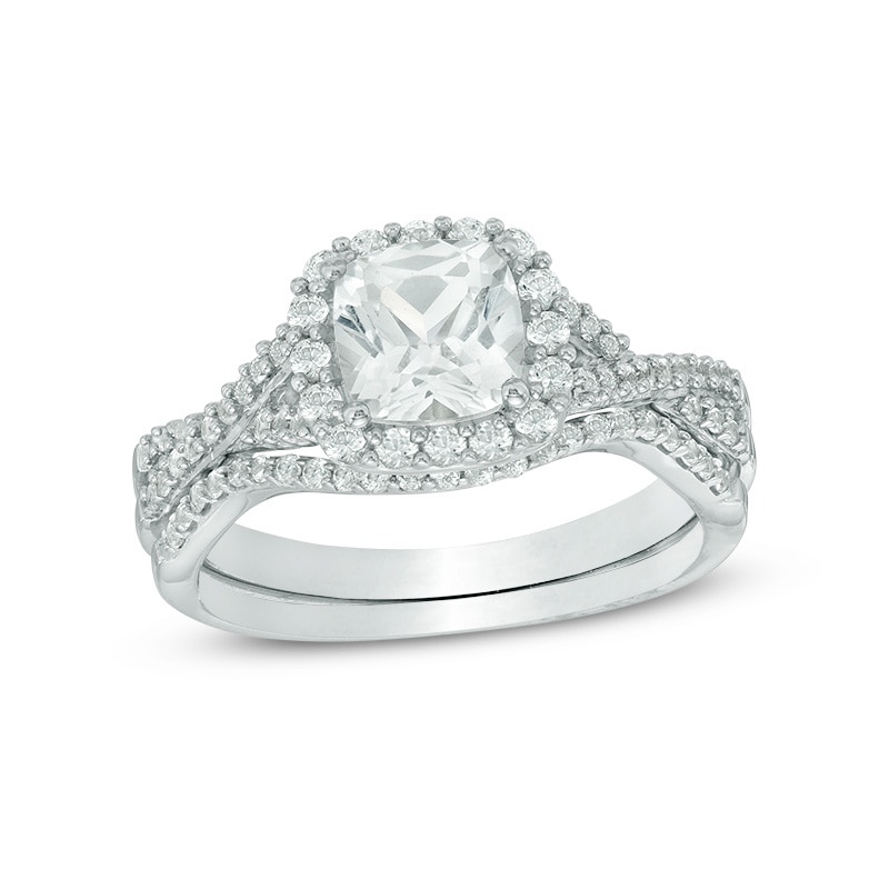Main Image 1 of Previously Owned - 6.0mm Cushion-Cut Lab-Created White Sapphire Frame Bridal Set in Sterling Silver
