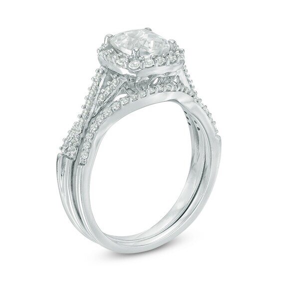 Previously Owned - 6.0mm Cushion-Cut Lab-Created White Sapphire Frame Bridal Set in Sterling Silver