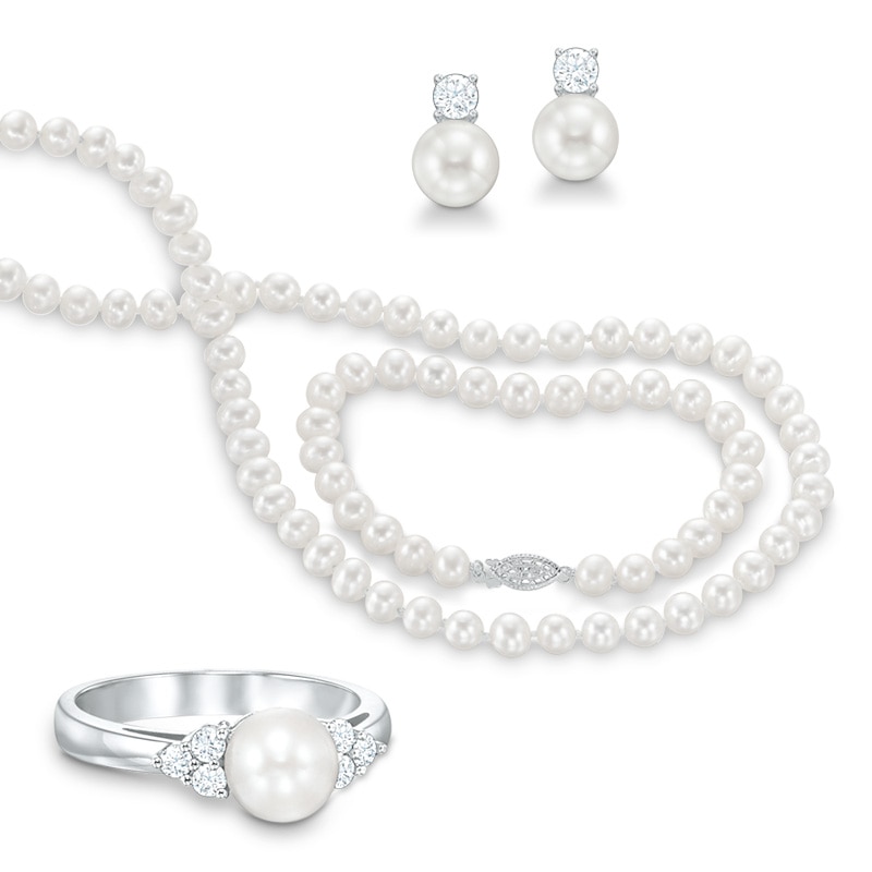 Main Image 1 of Previously Owned-Freshwater Cultured Pearl and Lab-Created White Sapphire Necklace, Bracelet, Ring and Earrings Set