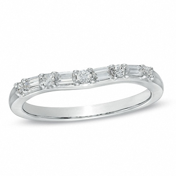 Previously Owned - 1/4 CT. T.w. Baguette and Round Diamond Alternating Contour Wedding Band in 14K White Gold