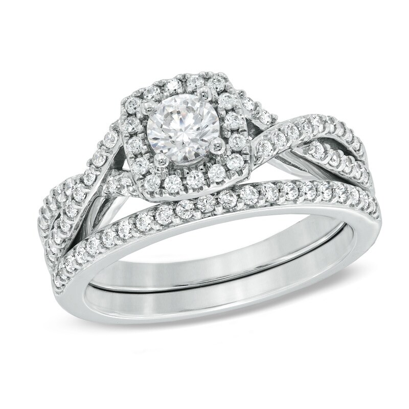 Main Image 1 of Previously Owned - Celebration Ideal 1 CT. T.W. Diamond Frame Bridal Set in 14K White Gold (I/I1)