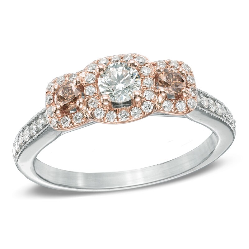 Main Image 1 of Previously Owned - 3/4 CT. T.W. Champagne and White Diamond Three Stone Ring in 14K Two-Tone Gold