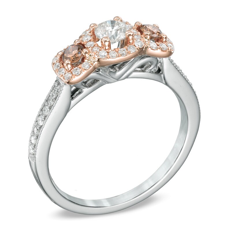 Main Image 2 of Previously Owned - 3/4 CT. T.W. Champagne and White Diamond Three Stone Ring in 14K Two-Tone Gold