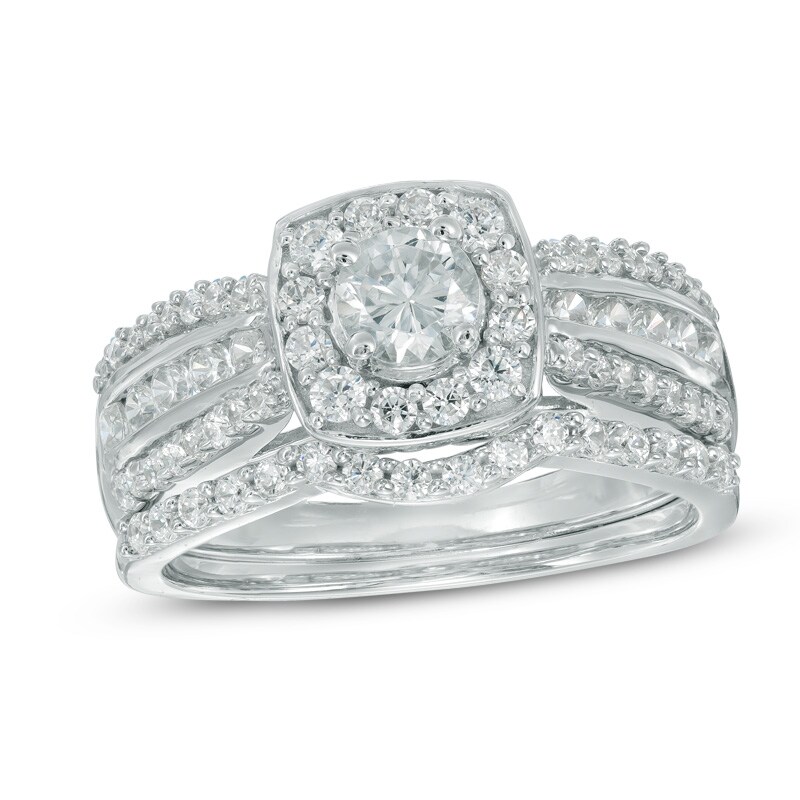 Main Image 1 of Previously Owned - 1 CT. T.W. Diamond Cushion Frame Multi-Row Bridal Set in 10K White Gold