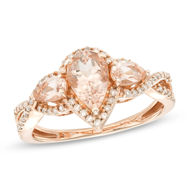 Main Image 1 of Previously Owned - Pear-Shaped Morganite and 1/5 CT. T.W. Diamond Twist Frame Three Stone Ring in 10K Rose Gold