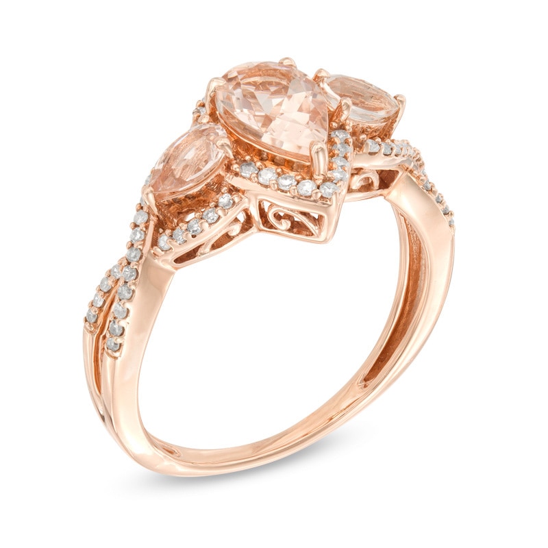 Main Image 2 of Previously Owned - Pear-Shaped Morganite and 1/5 CT. T.W. Diamond Twist Frame Three Stone Ring in 10K Rose Gold