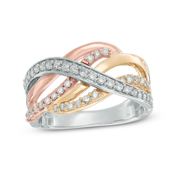 Previously Owned - 1/2 CT. T.w. Diamond Woven Crossover Ring in 10K Tri-Tone Gold