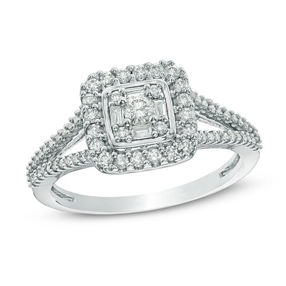 Previously Owned - 1/2 CT. T.w. Diamond Square Frame Split Shank Ring in 10K White Gold