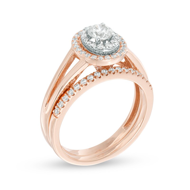Main Image 2 of Previously Owned - 3/4 CT. T.W. Diamond Double Oval Frame Split Shank Bridal Set in 10K Rose Gold