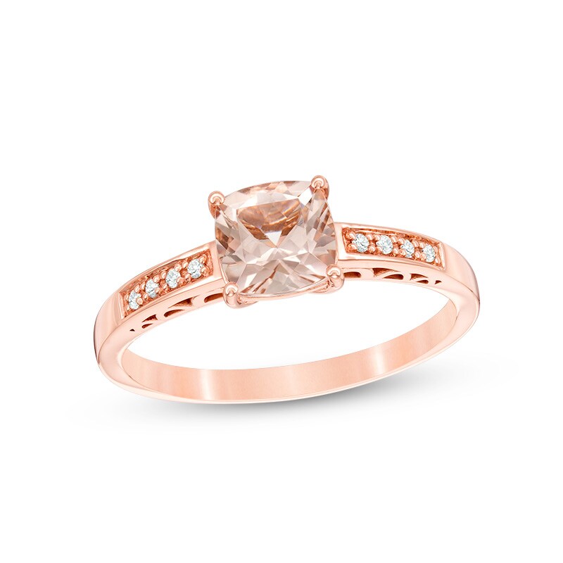 Main Image 1 of Previously Owned - 6.0mm Cushion-Cut Morganite and 1/20 CT. T.W. Diamond Ring in 10K Rose Gold