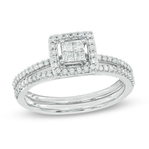 Previously Owned - 1/2 CT. T.w. Quad Princess-Cut Diamond Frame Bridal Set in 10K White Gold