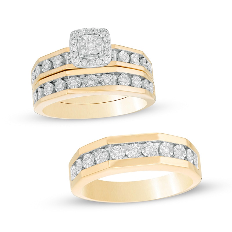 Main Image 1 of Previously Owned - and 1/4 CT. T.W. Diamond Frame Three Piece Bridal Set in 10K Two-Tone Gold