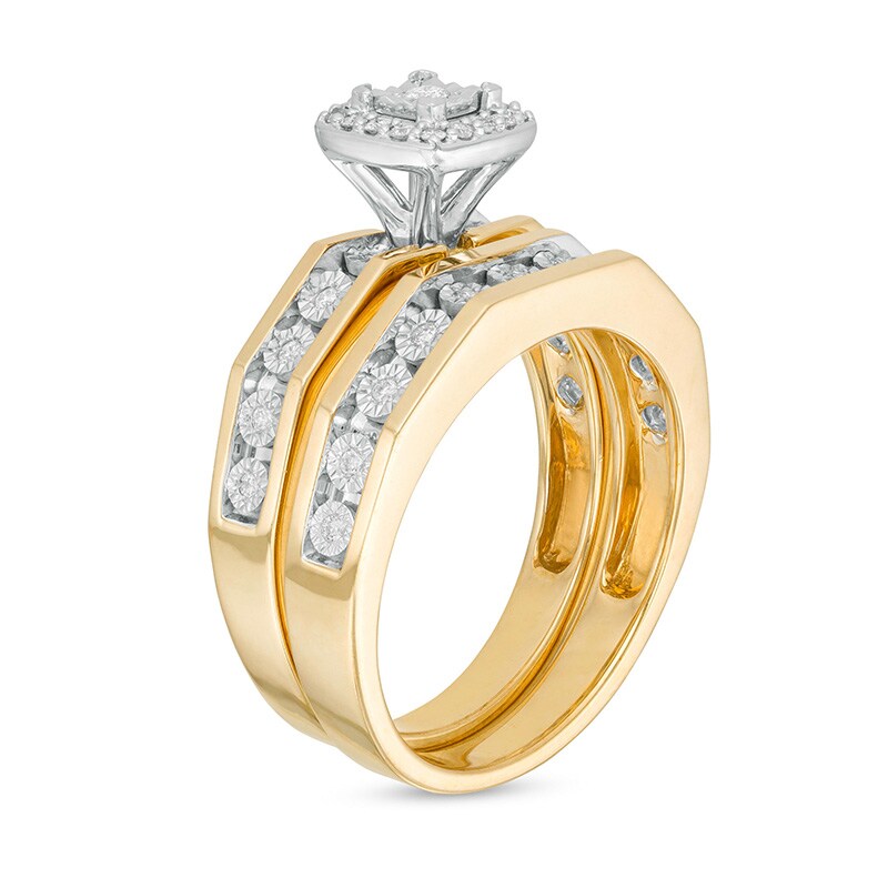 Main Image 4 of Previously Owned - and 1/4 CT. T.W. Diamond Frame Three Piece Bridal Set in 10K Two-Tone Gold