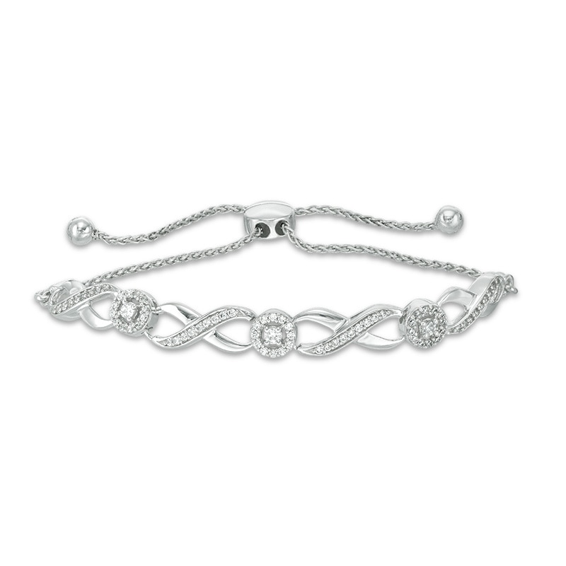 Main Image 1 of Previously Owned - 1/3 CT. T.W. Diamond Infinity Bolo Bracelet in 10K White Gold - 9.5"