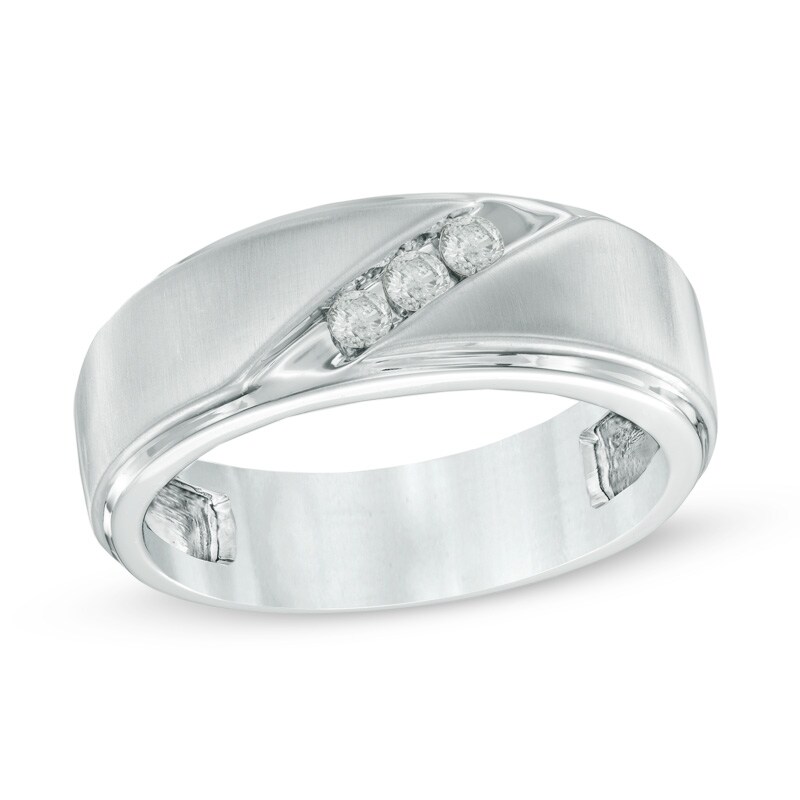 Main Image 1 of Previously Owned - 1/3 CT. T.W. Diamond Three Stone Slant Wedding Band in 10K White Gold