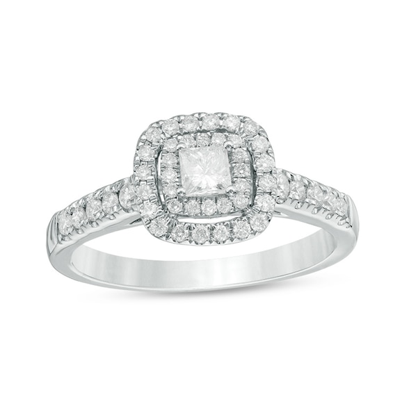 Previously Owned - 1/2 CT. T.w. Princess-Cut Diamond Double Frame Engagement Ring in 14K White Gold