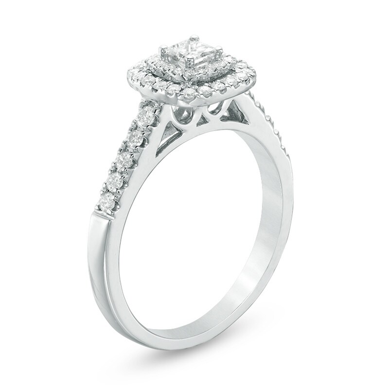 Previously Owned - 1/2 CT. T.W. Princess-Cut Diamond Double Frame Engagement Ring in 14K White Gold
