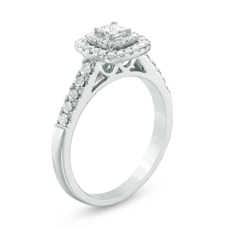 Main Image 2 of Previously Owned - 1/2 CT. T.W. Princess-Cut Diamond Double Frame Engagement Ring in 14K White Gold