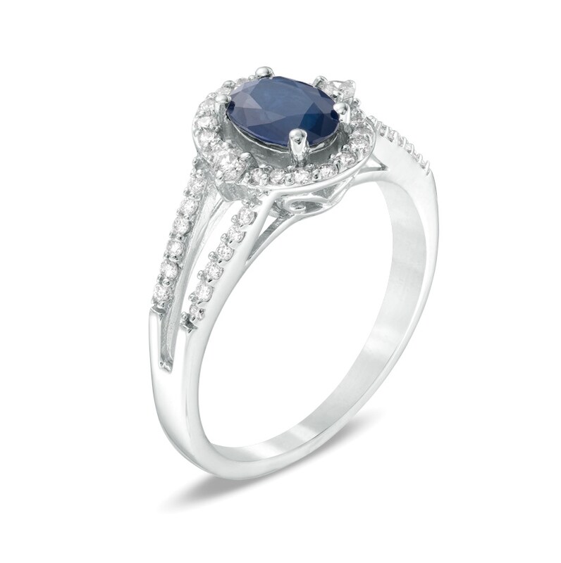 Main Image 2 of Previously Owned - Oval Blue Sapphire and 1/3 CT. T.W. Diamond Frame Ring in 10K White Gold