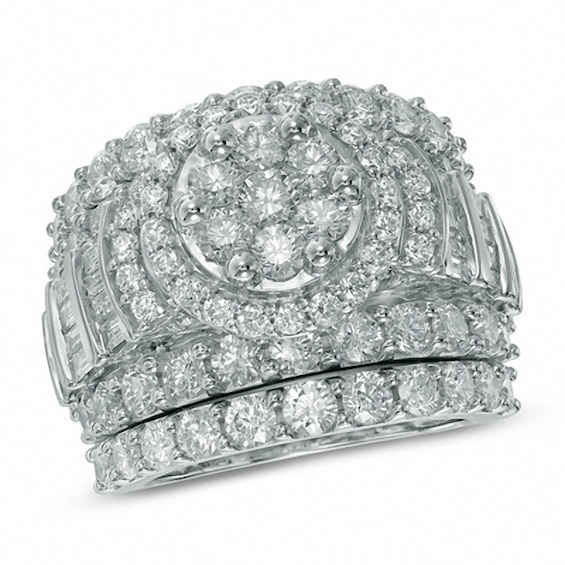 Previously Owned - 5 CT. T.w. Diamond Cluster Frame Three Piece Bridal Set in 14K White Gold