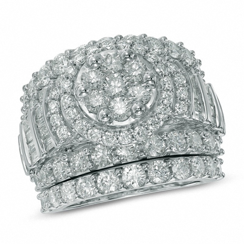 Main Image 1 of Previously Owned - 5 CT. T.W. Diamond Cluster Frame Three Piece Bridal Set in 14K White Gold