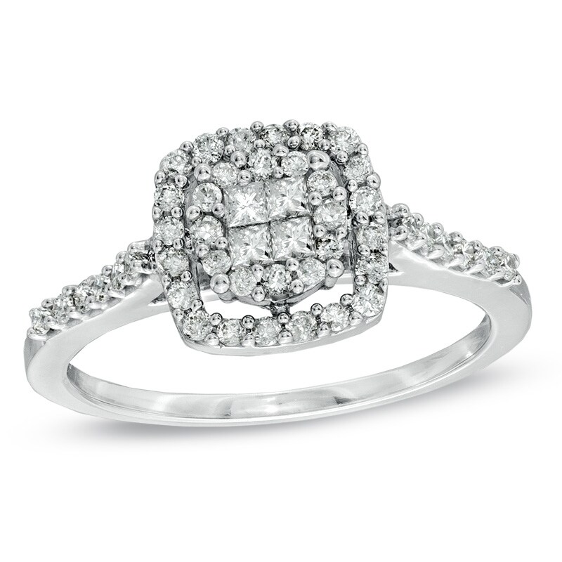 Main Image 1 of Previously Owned - 1/2 CT. T.W. Quad Princess-Cut Diamond Frame Ring in 10K White Gold